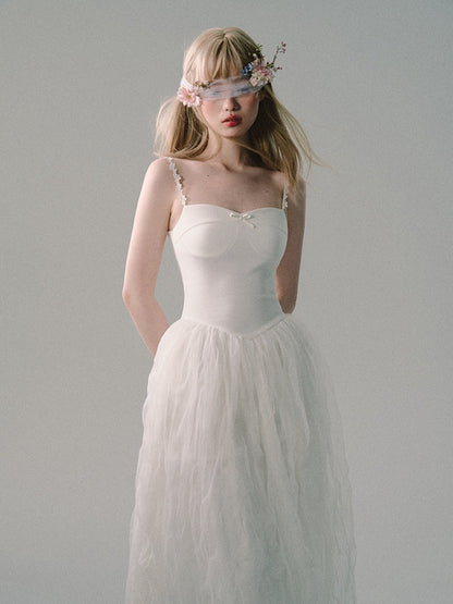 OAKMOO/ "Flowers in a Dream" Gardenia White Embroidered Mesh Maxi Dress