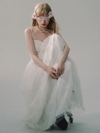 OAKMOO/ "Flowers in a Dream" Gardenia White Embroidered Mesh Maxi Dress