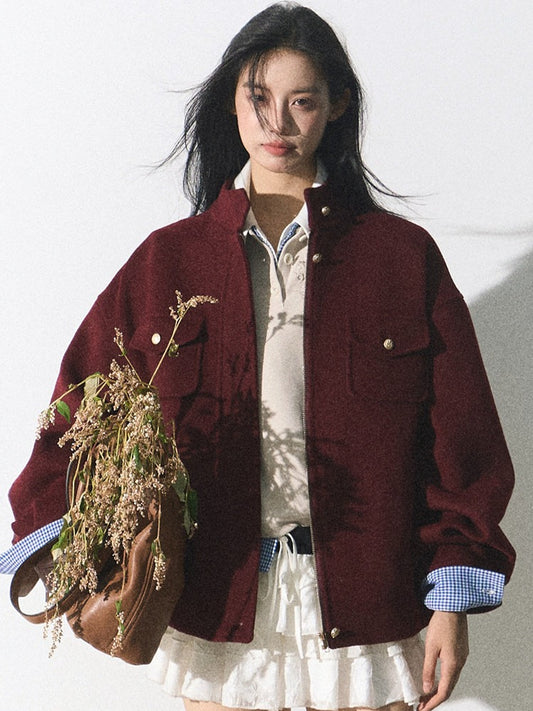 OAKMOO/ "Plum Blossom Mood" Angora Red Wool-Blend Harrington Jacket