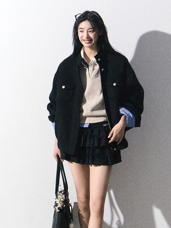 OAKMOO/ "Plum Blossom Mood" Classic Black Wool-Blend Harrington Jacket