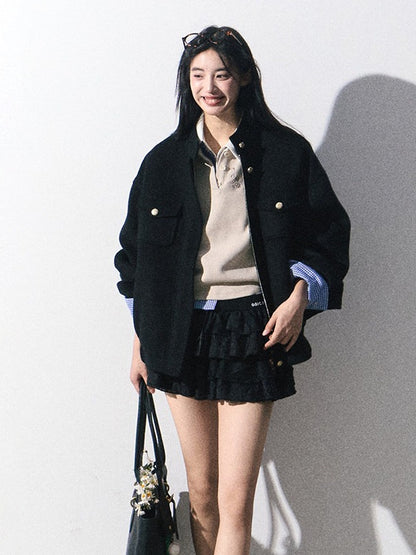 OAKMOO/ "Plum Blossom Mood" Classic Black Wool-Blend Harrington Jacket