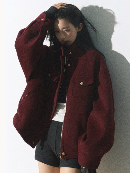 OAKMOO/ "Plum Blossom Mood" Angora Red Wool-Blend Harrington Jacket