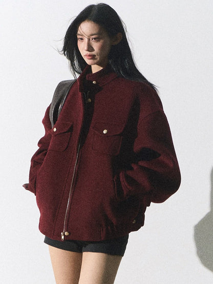 OAKMOO/ "Plum Blossom Mood" Angora Red Wool-Blend Harrington Jacket