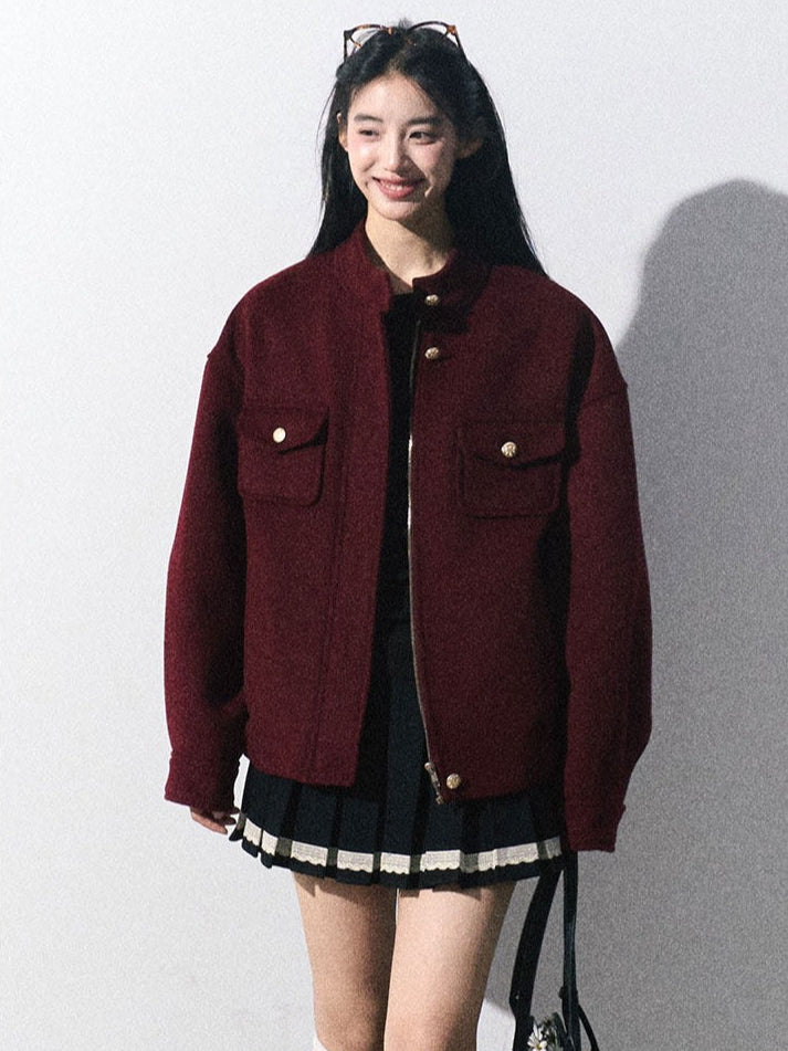OAKMOO/ "Plum Blossom Mood" Angora Red Wool-Blend Harrington Jacket