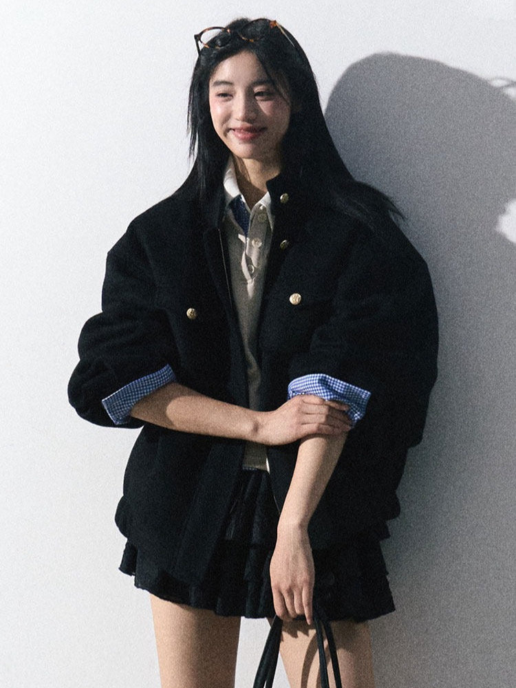 OAKMOO/ "Plum Blossom Mood" Classic Black Wool-Blend Harrington Jacket