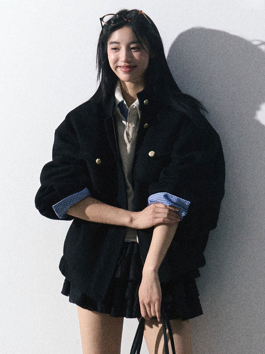 OAKMOO/ "Plum Blossom Mood" Classic Black Wool-Blend Harrington Jacket