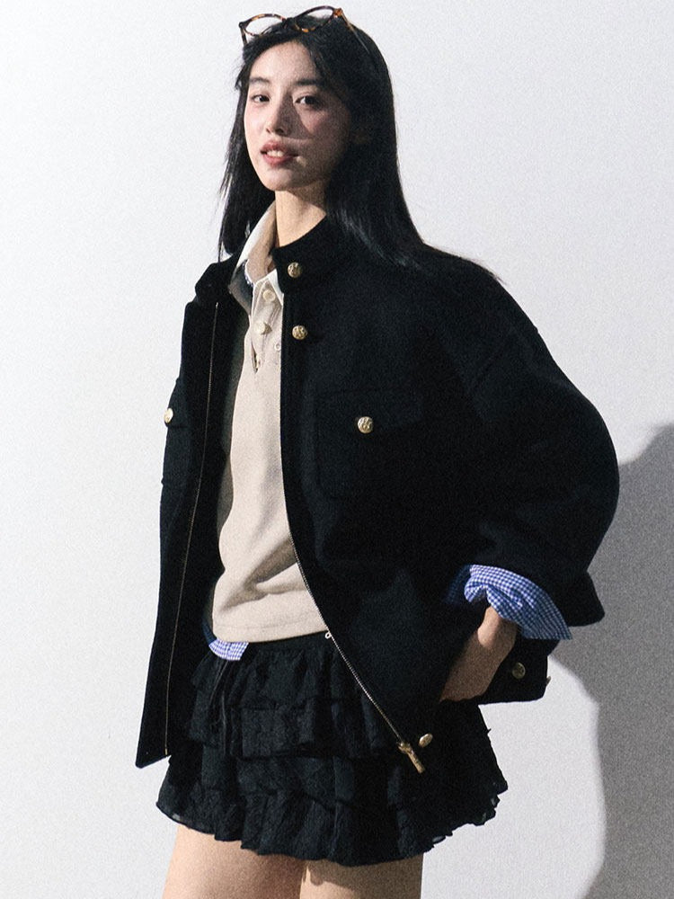 OAKMOO/ "Plum Blossom Mood" Classic Black Wool-Blend Harrington Jacket