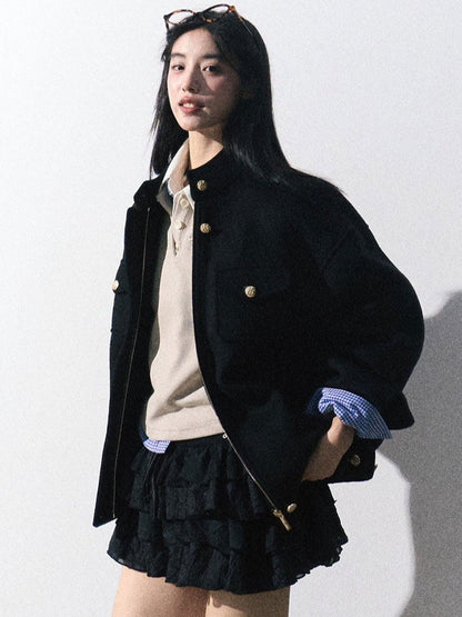 OAKMOO/ "Plum Blossom Mood" Classic Black Wool-Blend Harrington Jacket