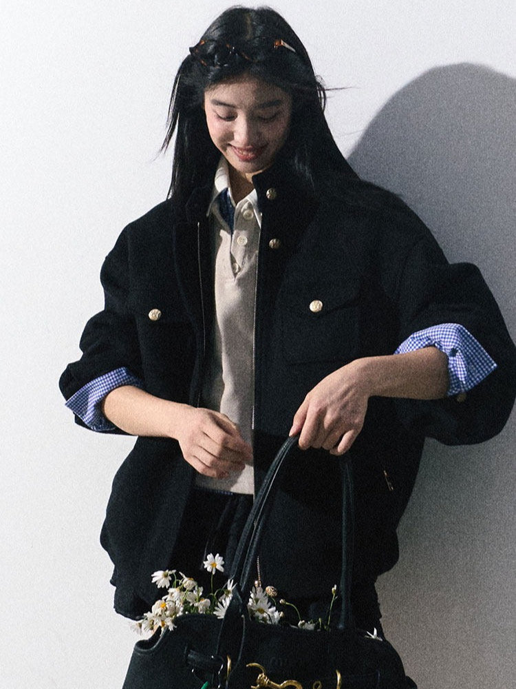 OAKMOO/ "Plum Blossom Mood" Classic Black Wool-Blend Harrington Jacket