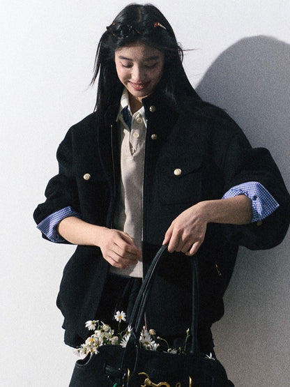 OAKMOO/ "Plum Blossom Mood" Classic Black Wool-Blend Harrington Jacket