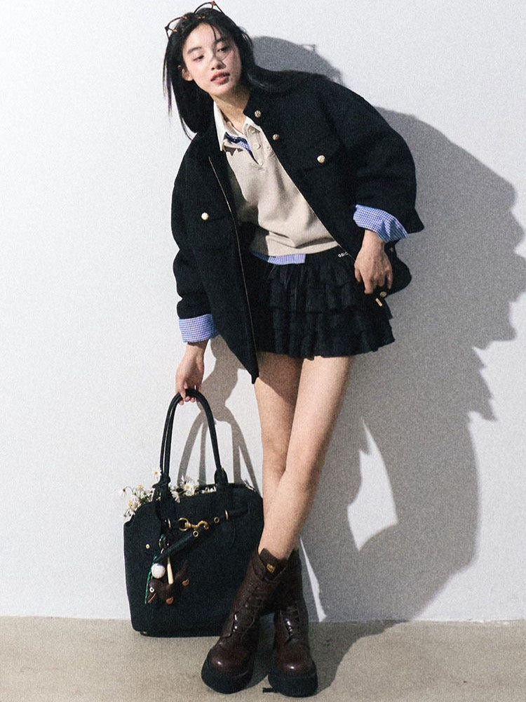 OAKMOO/ "Plum Blossom Mood" Classic Black Wool-Blend Harrington Jacket