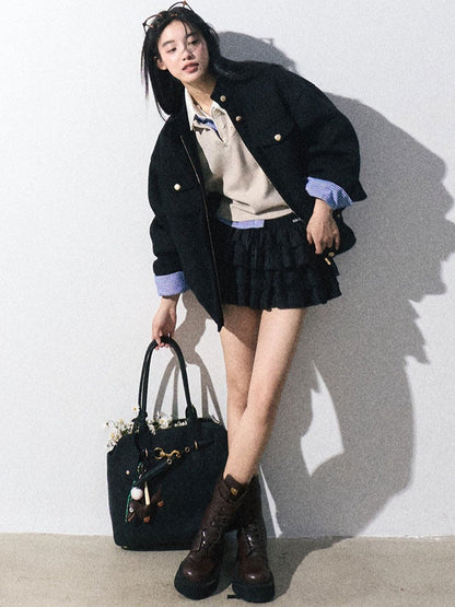 OAKMOO/ "Plum Blossom Mood" Classic Black Wool-Blend Harrington Jacket