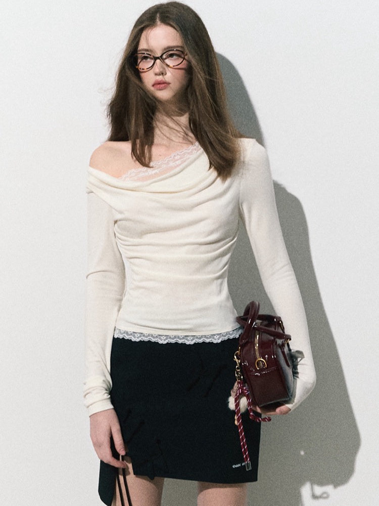 OAKMOO/ "Quiet Veins" Gardenia White Lace Knit Cowl-Neck Faux Two-Piece Fitted Top