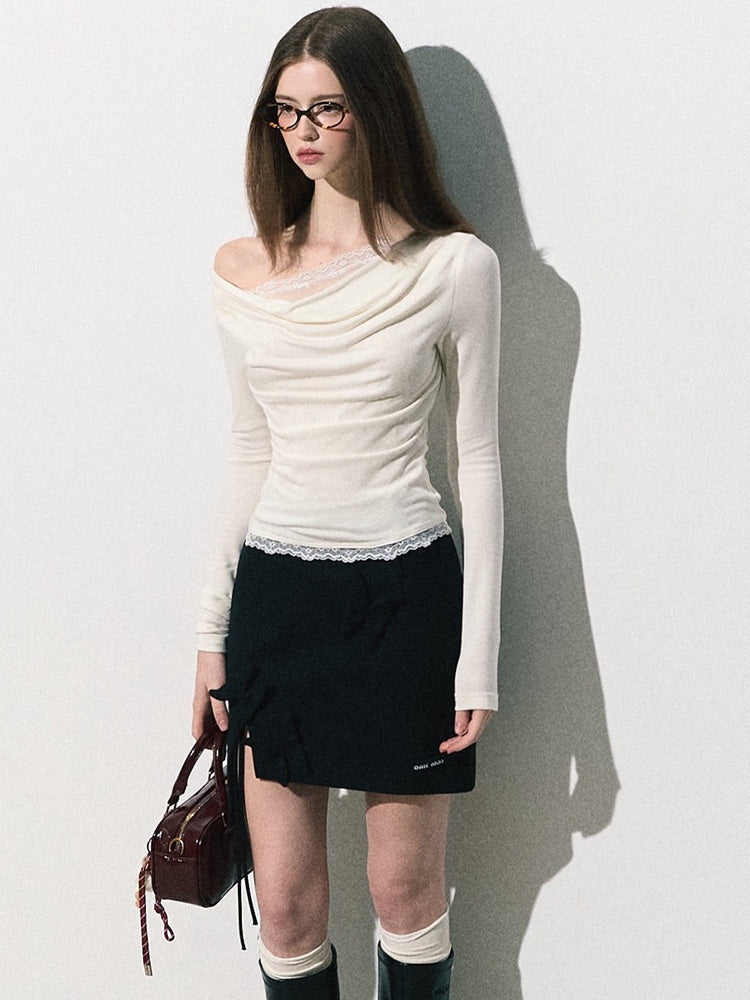 OAKMOO/ "Quiet Veins" Gardenia White Lace Knit Cowl-Neck Faux Two-Piece Fitted Top