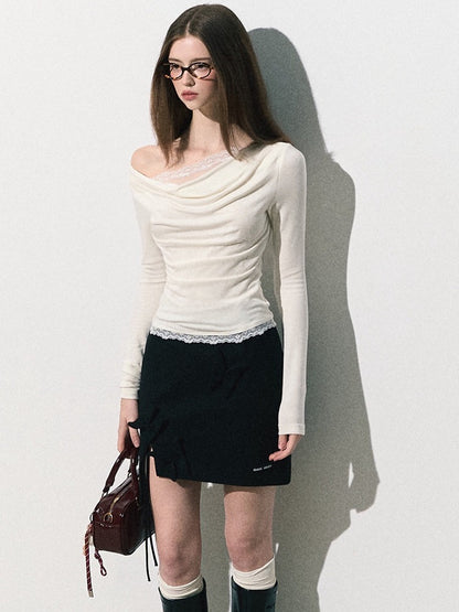 OAKMOO/ "Quiet Veins" Gardenia White Lace Knit Cowl-Neck Faux Two-Piece Fitted Top