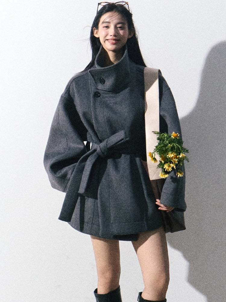 OAKMOO/ "The Breath of Time" Classic Gray Wool-Blend Belted Short Coat