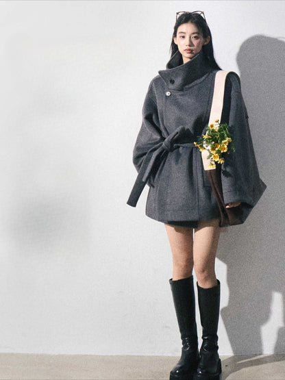 OAKMOO/ "The Breath of Time" Classic Gray Wool-Blend Belted Short Coat