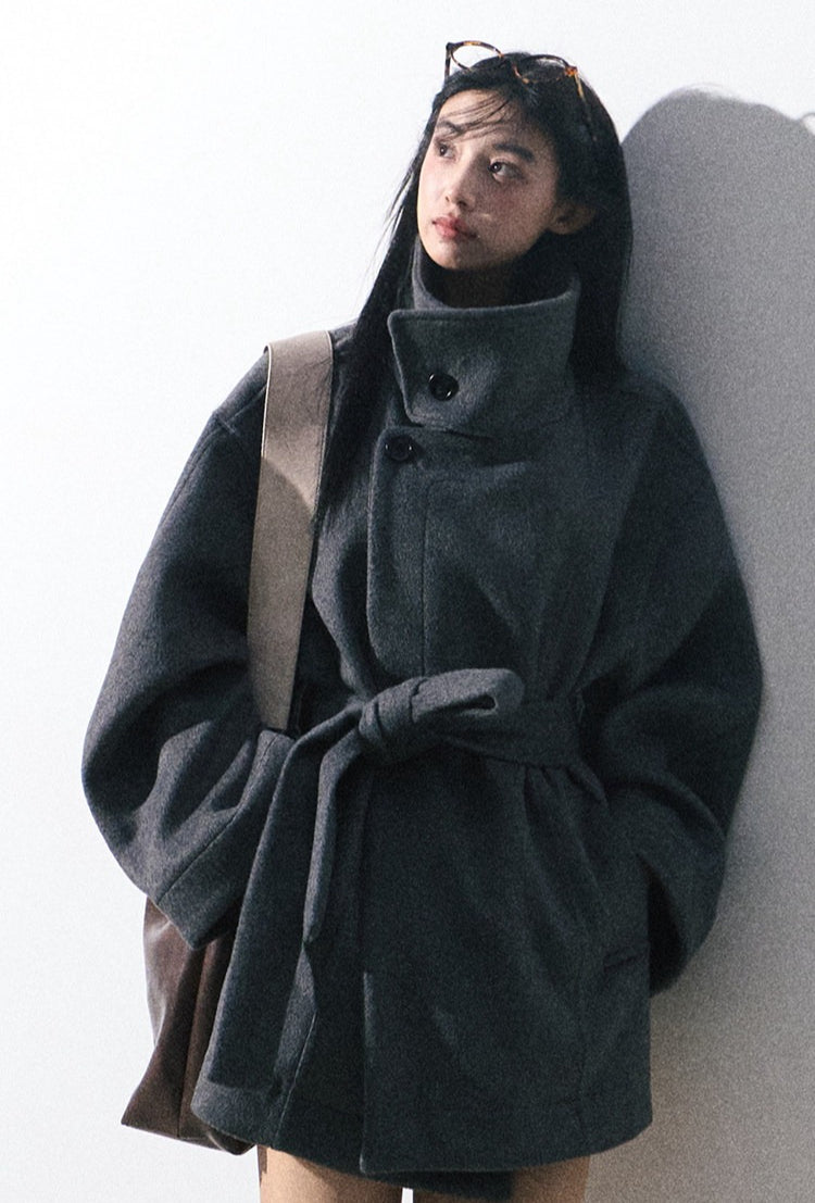 OAKMOO/ "The Breath of Time" Classic Gray Wool-Blend Belted Short Coat