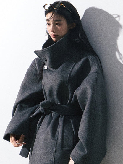 OAKMOO/ "The Breath of Time" Classic Gray Wool-Blend Belted Short Coat
