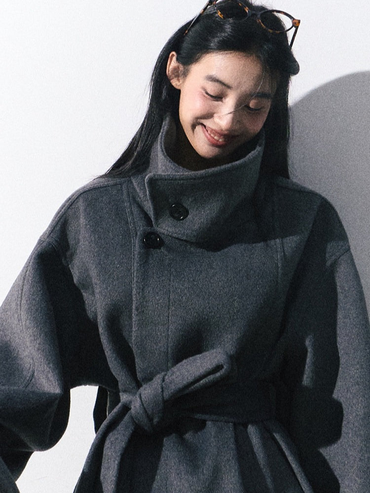 OAKMOO/ "The Breath of Time" Classic Gray Wool-Blend Belted Short Coat