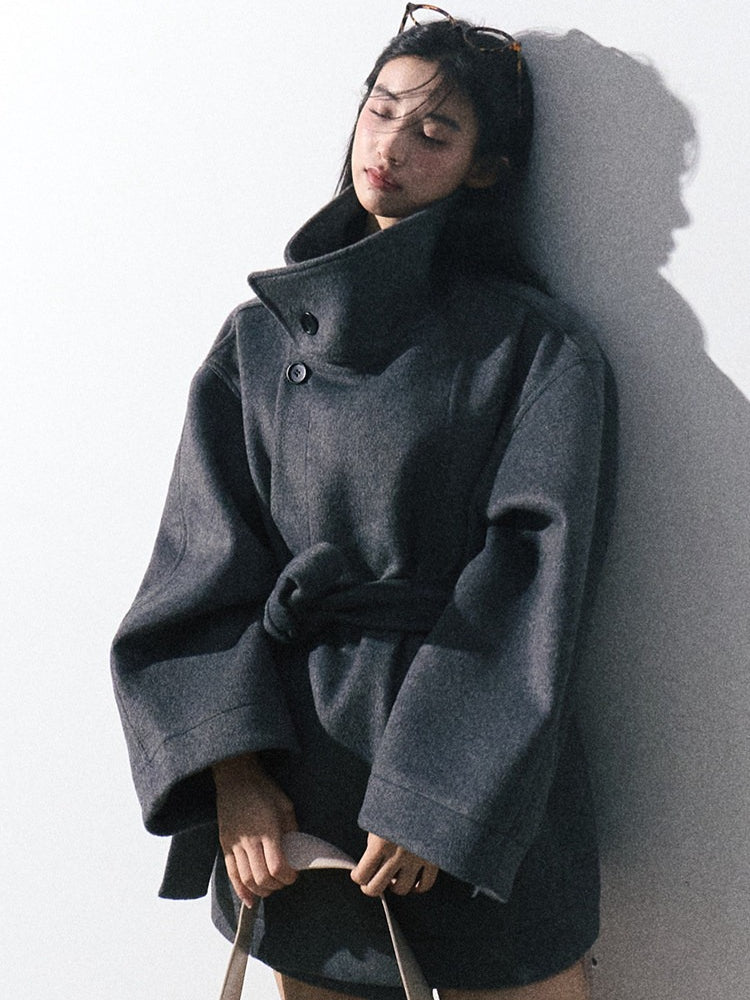 OAKMOO/ "The Breath of Time" Classic Gray Wool-Blend Belted Short Coat