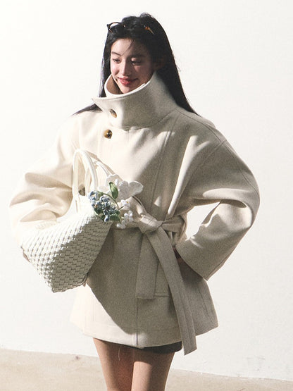 OAKMOO/ "A Touch of Soft Clouds" Fragrant White Wool-Blend Belted Short Coat