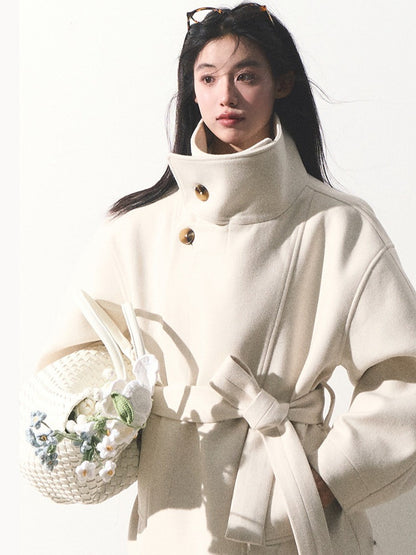 OAKMOO/ "A Touch of Soft Clouds" Fragrant White Wool-Blend Belted Short Coat