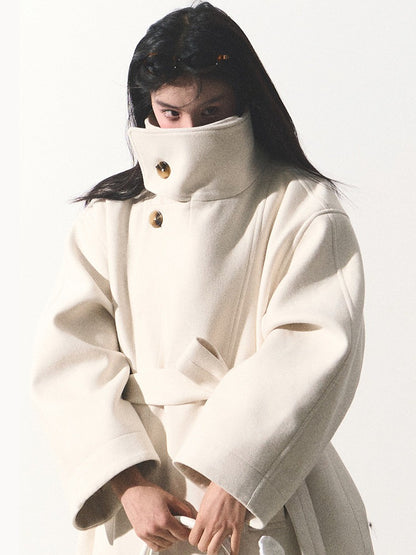 OAKMOO/ "A Touch of Soft Clouds" Fragrant White Wool-Blend Belted Short Coat