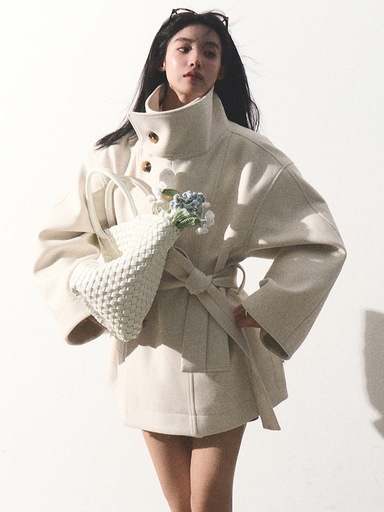 OAKMOO/ "A Touch of Soft Clouds" Fragrant White Wool-Blend Belted Short Coat