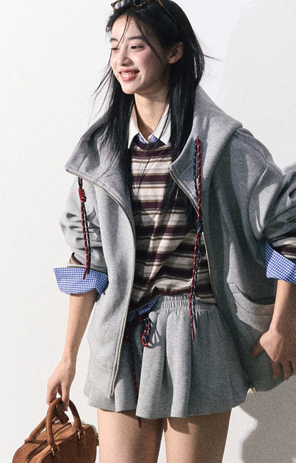 OAKMOO/ "A Trace of Self" Light Heather Gray Miu-Inspired Sporty Hoodie & Skirt Set