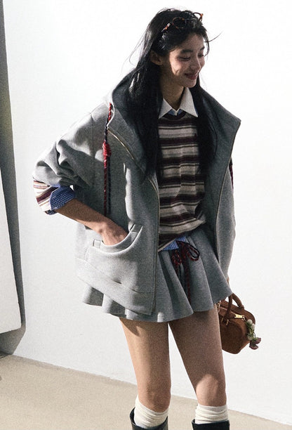 OAKMOO/ "A Trace of Self" Light Heather Gray Miu-Inspired Sporty Hoodie & Skirt Set