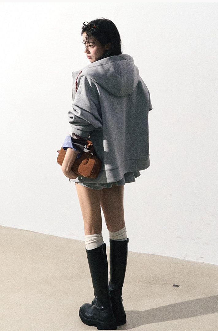 OAKMOO/ "A Trace of Self" Light Heather Gray Miu-Inspired Sporty Hoodie & Skirt Set