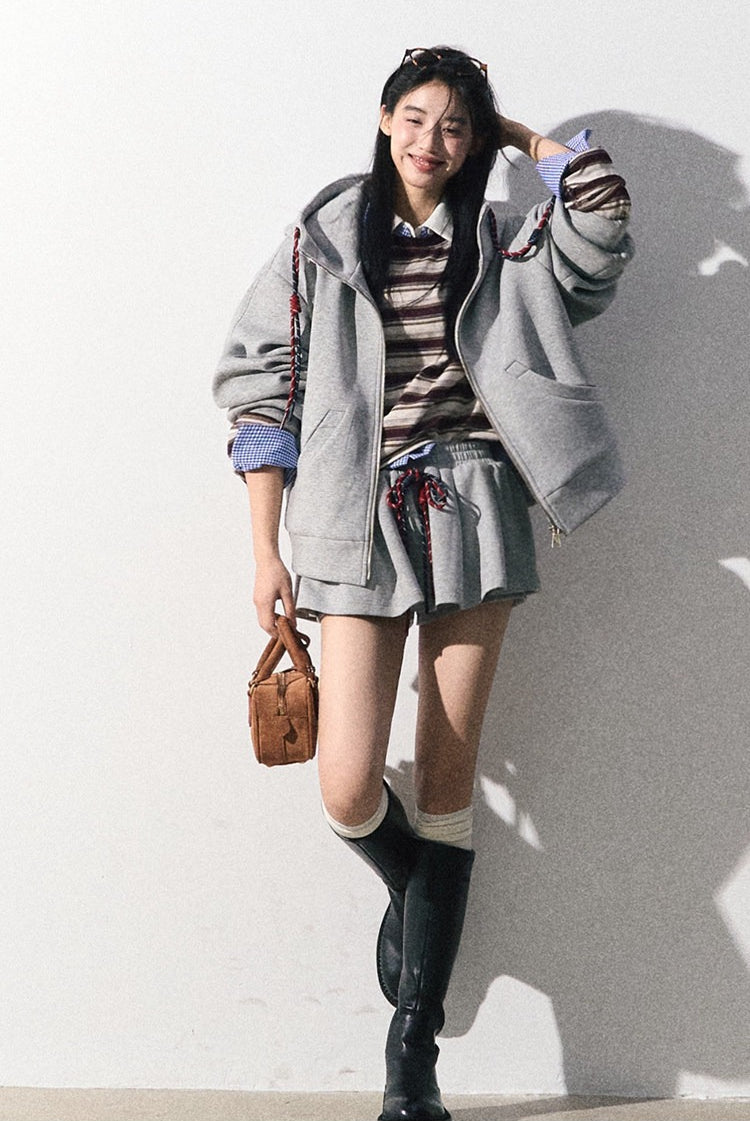 OAKMOO/ "A Trace of Self" Light Heather Gray Miu-Inspired Sporty Hoodie & Skirt Set