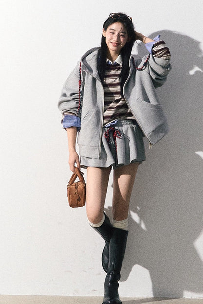 OAKMOO/ "A Trace of Self" Light Heather Gray Miu-Inspired Sporty Hoodie & Skirt Set