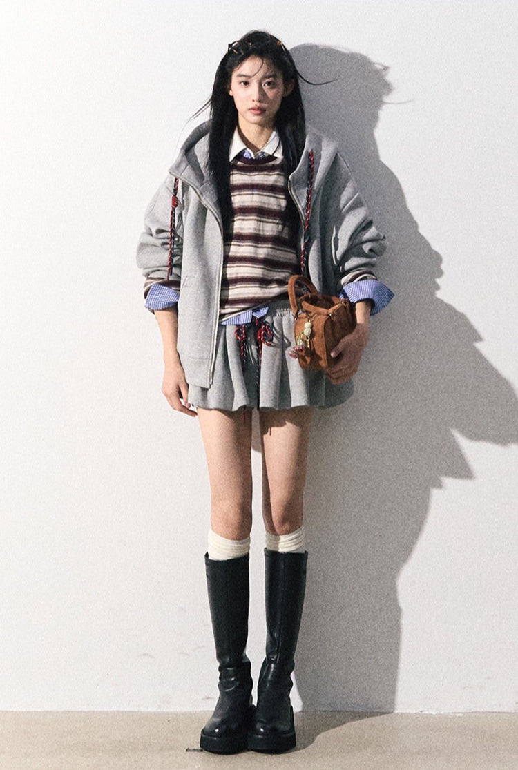 OAKMOO/ "A Trace of Self" Light Heather Gray Miu-Inspired Sporty Hoodie & Skirt Set