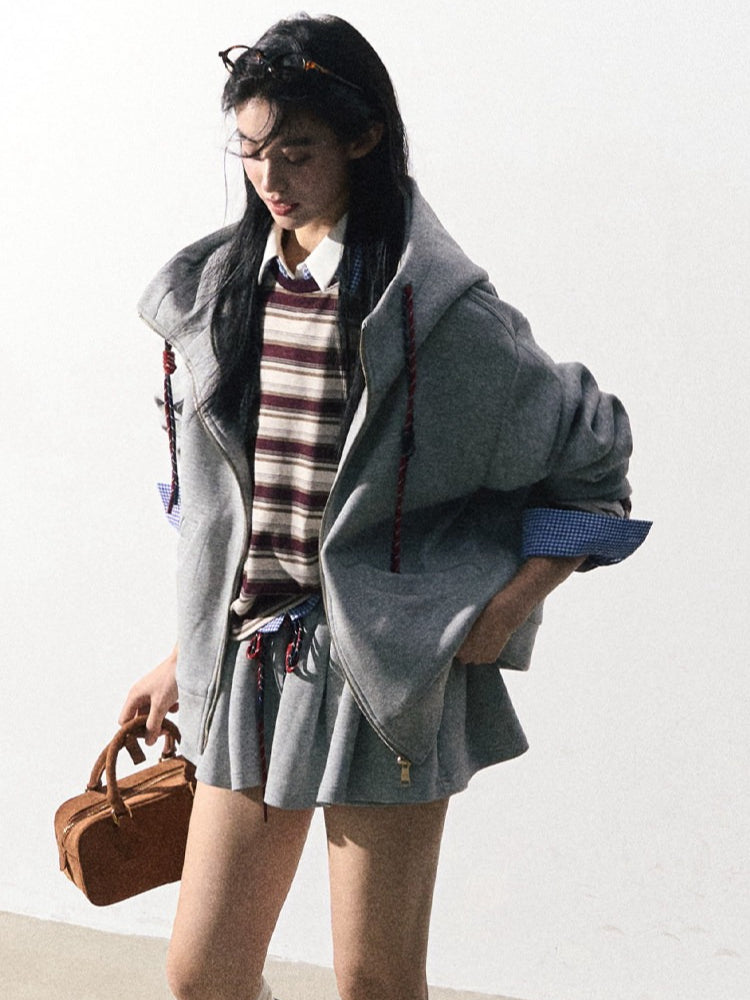 OAKMOO/ "A Trace of Self" Light Heather Gray Miu-Inspired Sporty Hoodie & Skirt Set