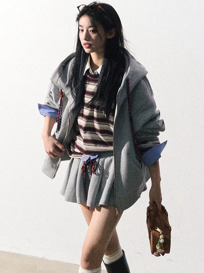 OAKMOO/ "A Trace of Self" Light Heather Gray Miu-Inspired Sporty Hoodie & Skirt Set