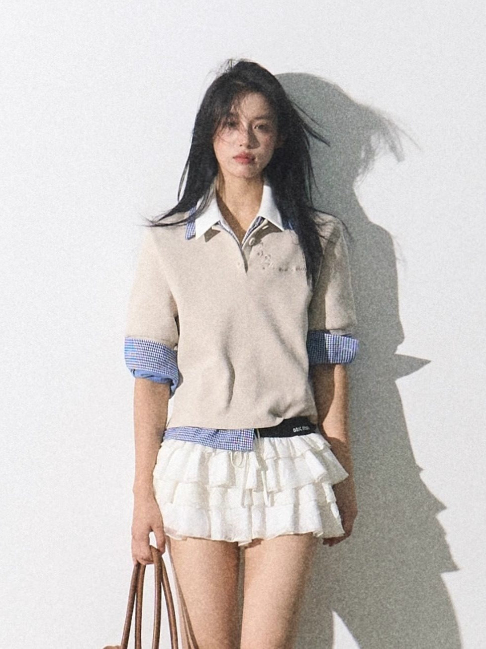 OAKMOO/ "The Foreshadowing of Bloom" Gray Milk Tea Embroidered Polo Shirt