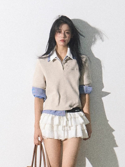 OAKMOO/ "The Foreshadowing of Bloom" Gray Milk Tea Embroidered Polo Shirt