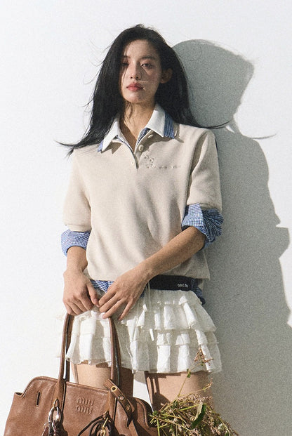 OAKMOO/ "The Foreshadowing of Bloom" Gray Milk Tea Embroidered Polo Shirt
