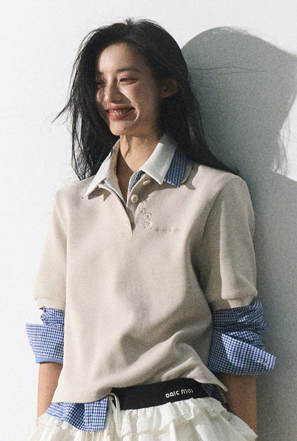 OAKMOO/ "The Foreshadowing of Bloom" Gray Milk Tea Embroidered Polo Shirt