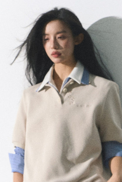 OAKMOO/ "The Foreshadowing of Bloom" Gray Milk Tea Embroidered Polo Shirt