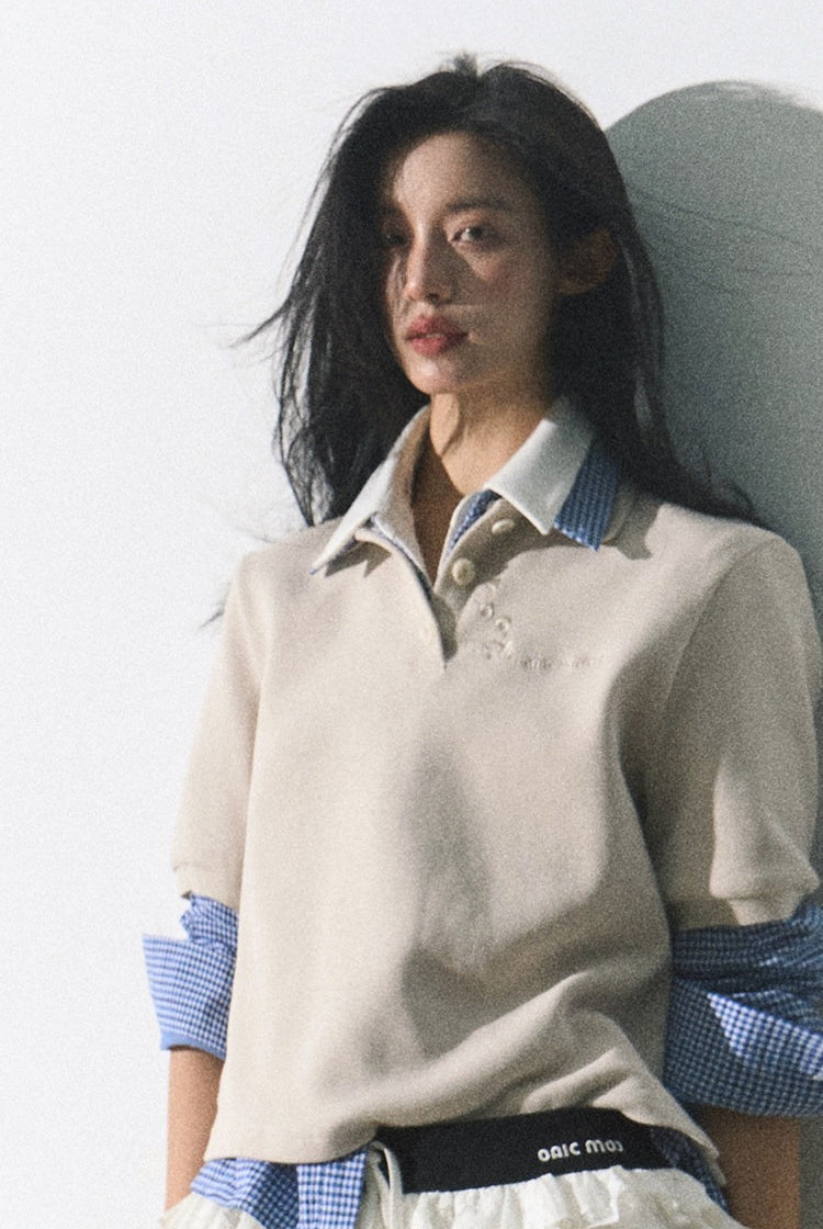 OAKMOO/ "The Foreshadowing of Bloom" Gray Milk Tea Embroidered Polo Shirt
