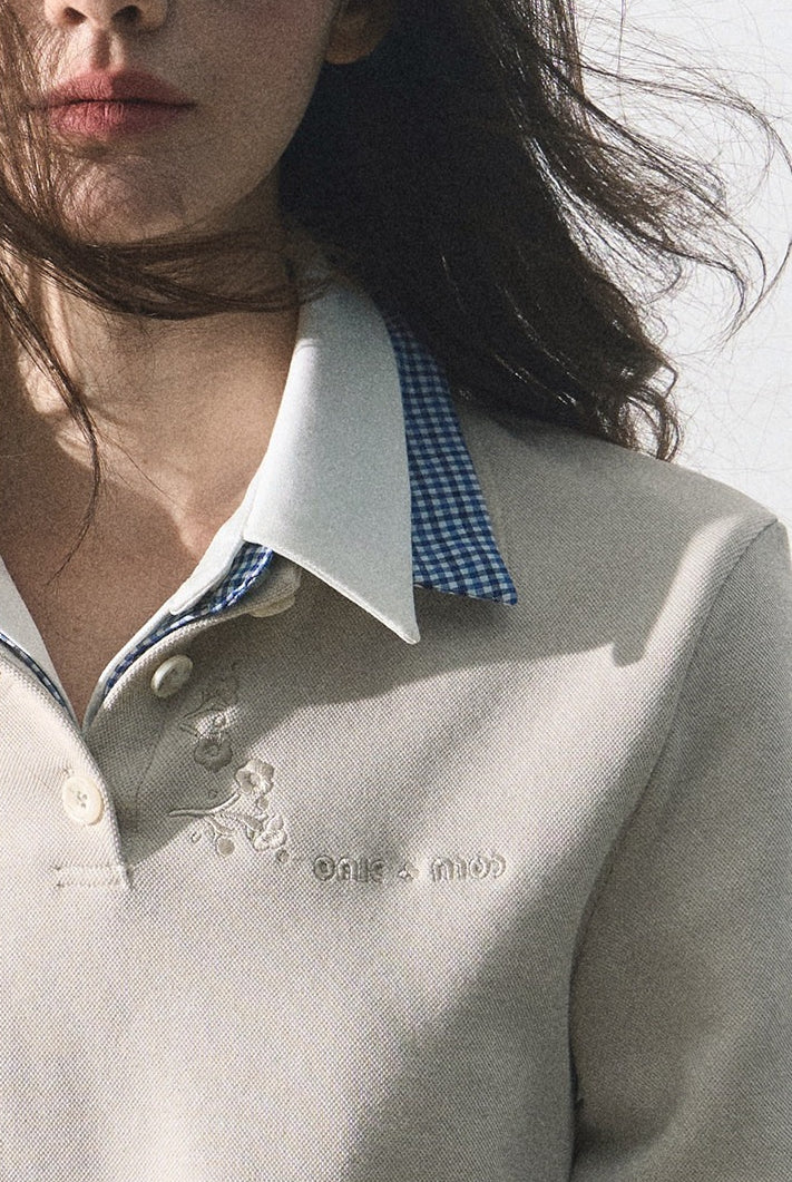 OAKMOO/ "The Foreshadowing of Bloom" Gray Milk Tea Embroidered Polo Shirt