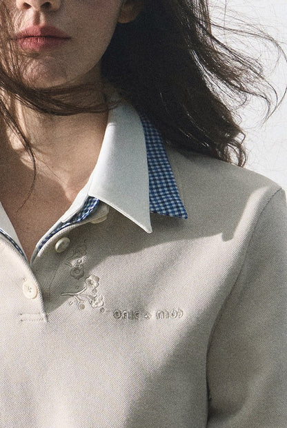 OAKMOO/ "The Foreshadowing of Bloom" Gray Milk Tea Embroidered Polo Shirt