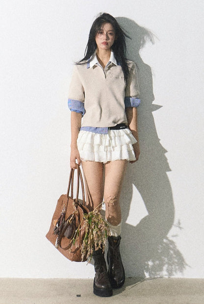 OAKMOO/ "The Foreshadowing of Bloom" Gray Milk Tea Embroidered Polo Shirt