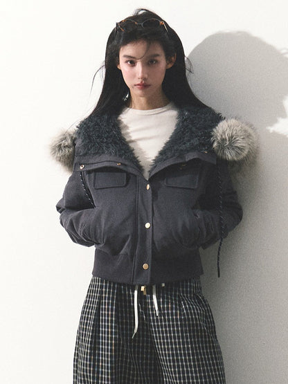 OAKMOO/ "Energy & Freedom" Mocha Gray Fur-Collar Cropped Hoodie Jacket