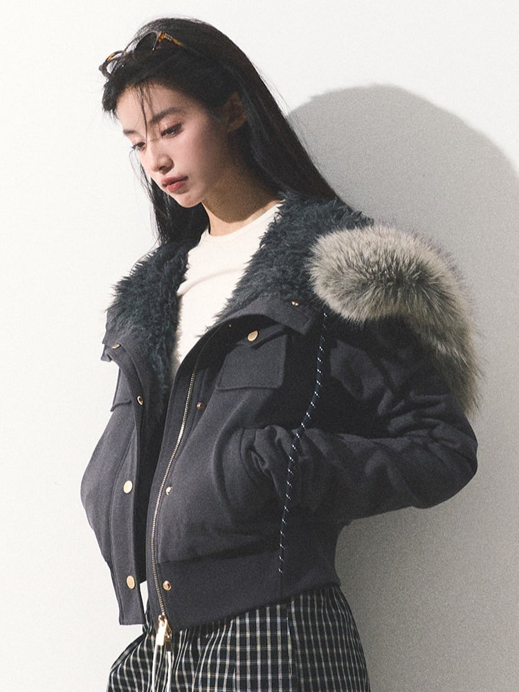 OAKMOO/ "Energy & Freedom" Mocha Gray Fur-Collar Cropped Hoodie Jacket