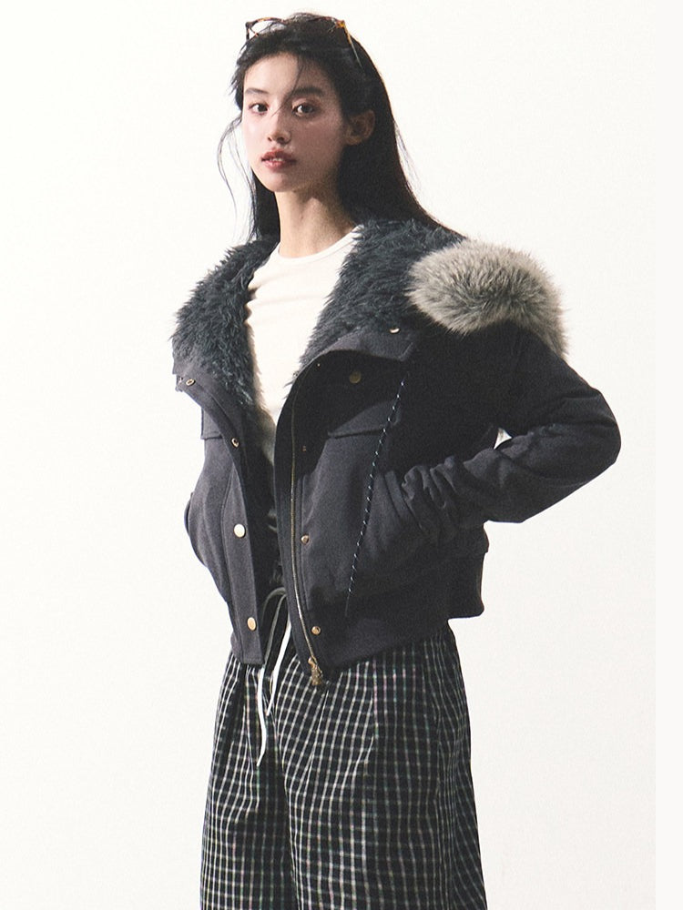 OAKMOO/ "Energy & Freedom" Mocha Gray Fur-Collar Cropped Hoodie Jacket