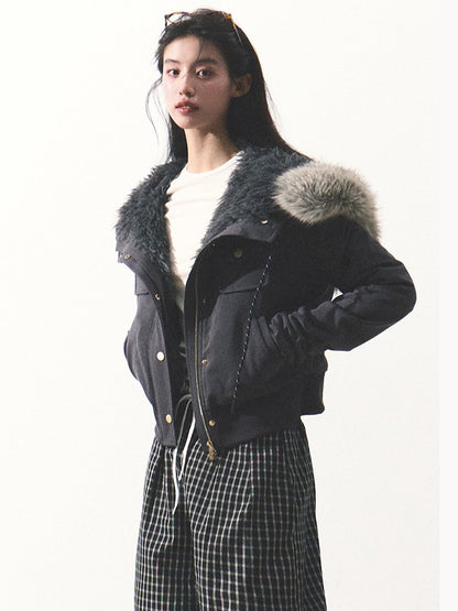 OAKMOO/ "Energy & Freedom" Mocha Gray Fur-Collar Cropped Hoodie Jacket
